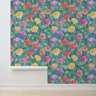 Papier Peint Jardin fleuri, motif aquarelle de rosiers