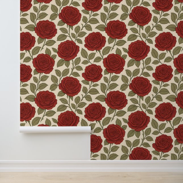 Papier Peint Jardin Rose victorien Floral rouge (Application)