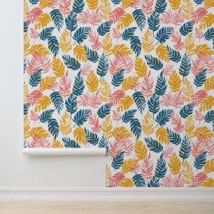Papier Peint Jaune rose et bleu Palme tropicale Feuille été