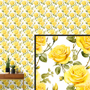Papier Peint Jaune Vintage Rose Floral Chic sur Blanc