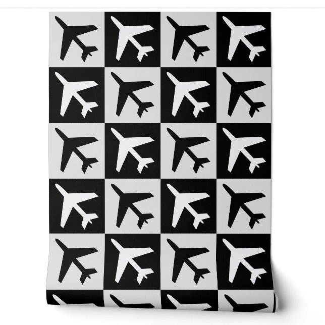Papier Peint Jets d'aviation blanc noir géométrique (Déroulement)