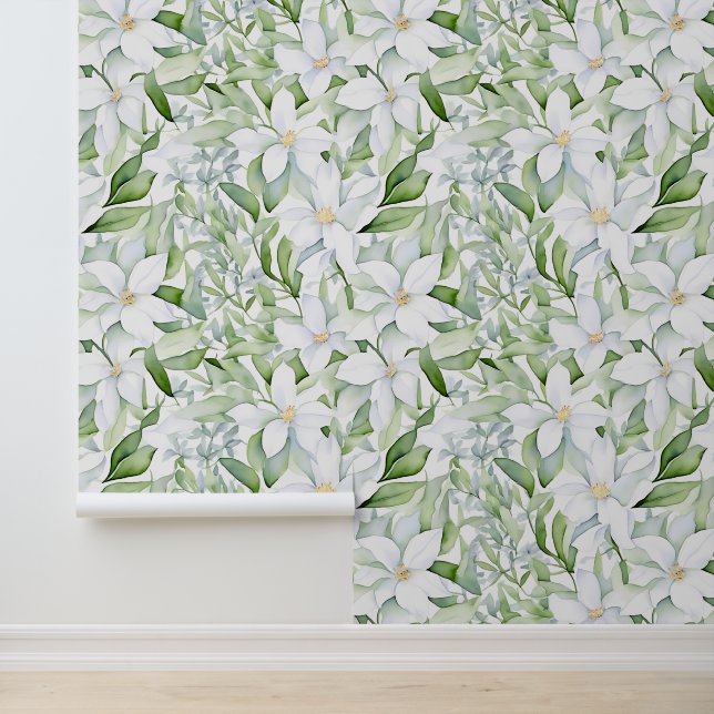 Papier Peint Jolie aquarelle Fleurs blanches Sage Vert Foliage (Application)