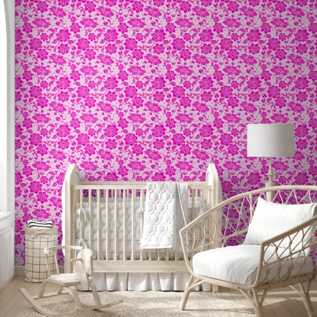 Papier Peint Jolie dentelle florale rose (Enfants)