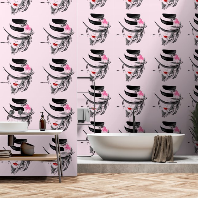 Papier Peint Jolie femme avec Casquette (Salle de bain)
