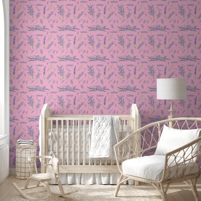 Papier Peint Jolies fleurs de lavande sur fond rose | (Enfants)