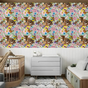 Papier Peint Jolies Fleurs Sauvages Faon Bleu Bébé Cerf Forêt
