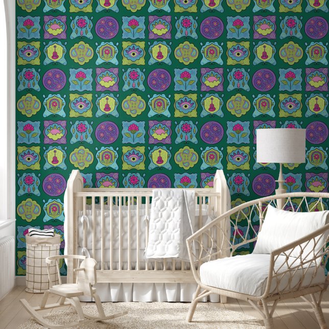 Papier Peint Joyau Whimsical Tons main dessiné Boho Dark Green (Enfants)