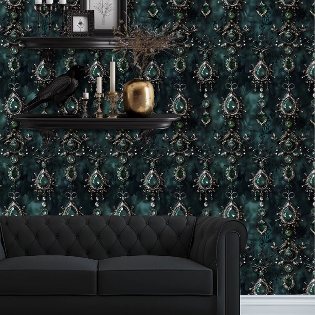 Papier Peint Joyaux vert émeraude de Whimsigoth (Whimsigoth Emerald Green Jewels wallpaper behind a black couch.)