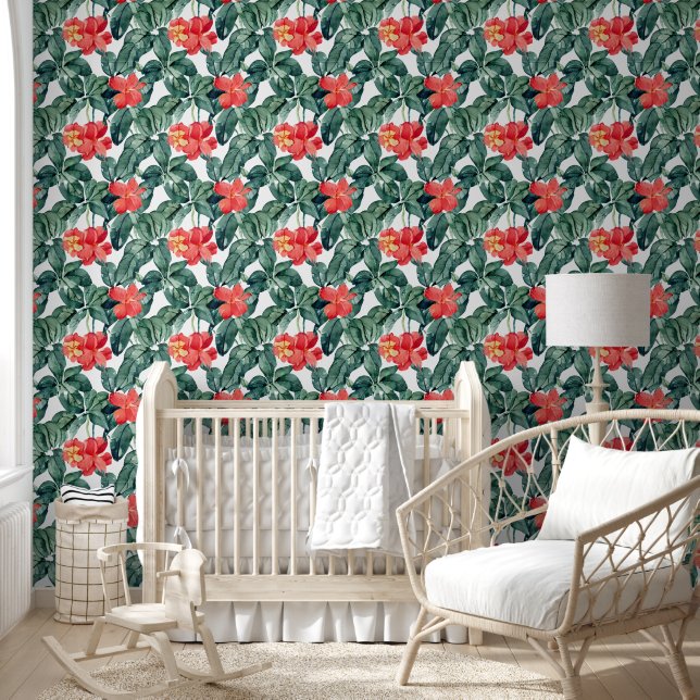 Papier Peint jungle de fleurs tropicales paradis hawaïen feuill (Enfants)
