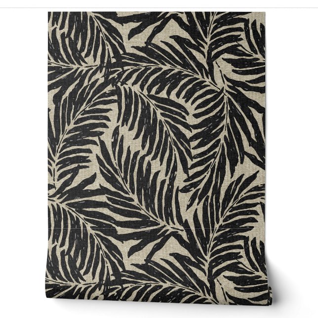 Papier Peint Kahanu Palms Hawaiian Faux Linen Texture - Noir (Déroulement)