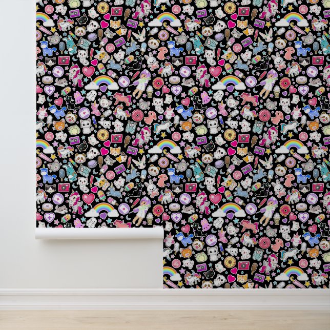 Papier Peint Kawaii Black Doodon Cartoon Enfants Nursery (Application)