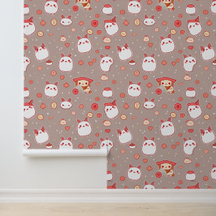 Papier Peint Kawaii Bunny et Motif Snack sur Taupe