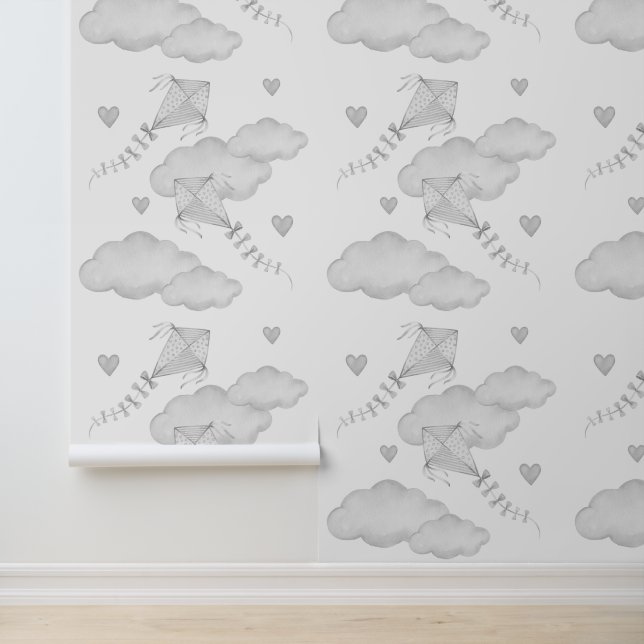 Papier Peint Kites Nuages Coeurs Gris Neutre Baby Nursery (Application)