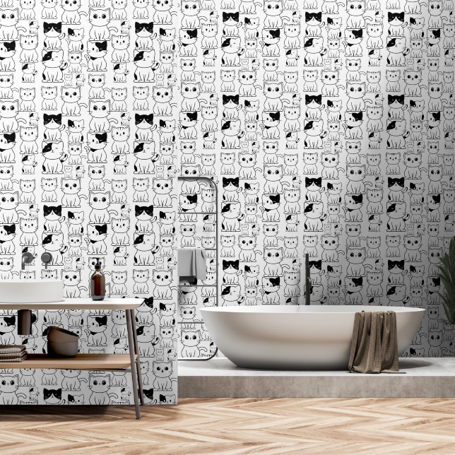 Papier Peint Kitty Cats noir et blanc (Salle de bain)