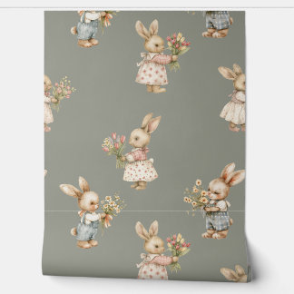 Papier Peint Lapin mignon lapin et fleurs
