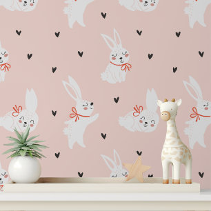 Papier Peint Lapins de Pâques Cœurs Filles Nursery Enfants