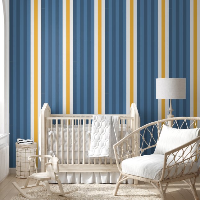 Papier Peint Large Saffron Mango, Dusty Blue et White Stripes (Enfants)