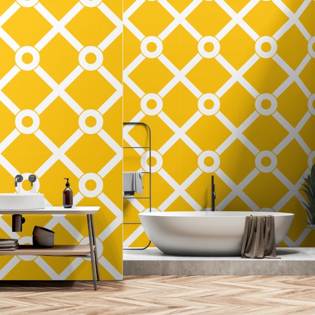 Papier Peint Lattice moderne jaune et blanc (Salle de bain)