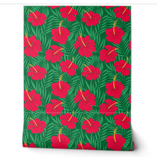 Papier Peint Les fleurs rouges d'Hibiscus sur les Feuilles trop
