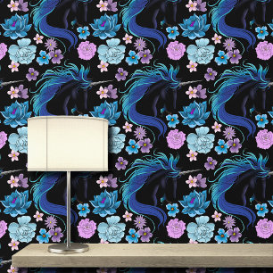 Papier Peint Licorne noire élégante Magie Fantasy Bleu Argent