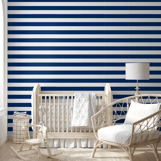 Papier Peint Lignes de bandes horizontales marines bleues blanc (Enfants)