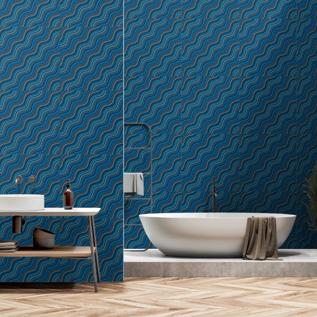 Papier Peint Lignes ondulées turquoise psychédélique (Salle de bain)
