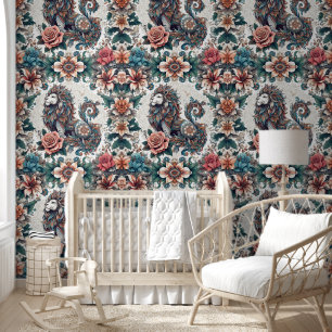 Papier Peint Lion Boho avec lys et Roses