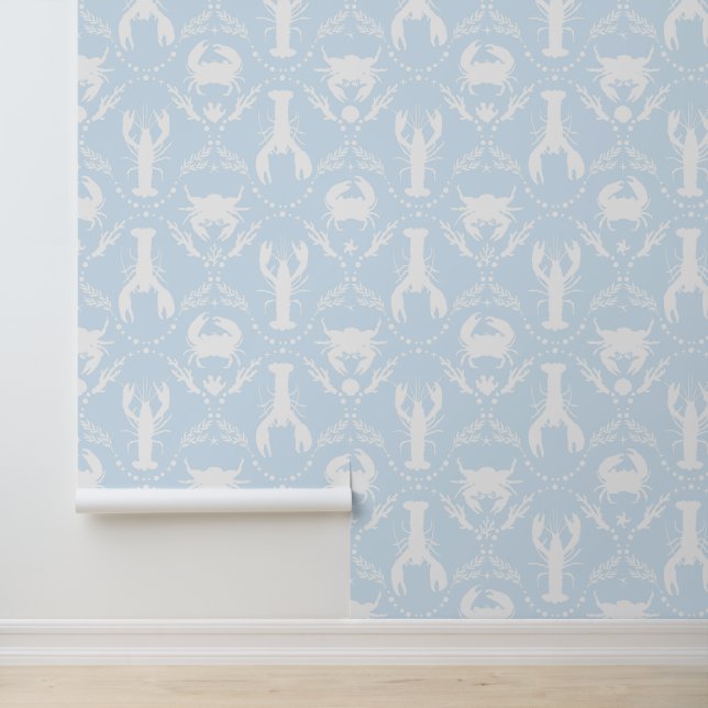 Papier Peint Lobster and Crab Pale Blue and White (Application)