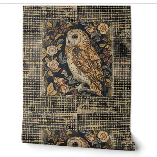 Papier Peint Lovely Owl in the Flowers Garden ,Gold Checkered ,