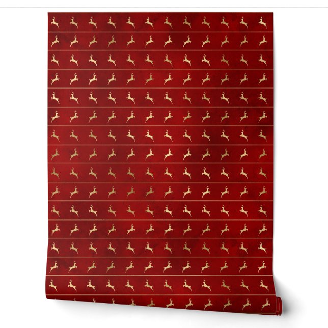 Papier Peint Luxe Chic Gold Reindeer Fêtes de Noël Rouge (Déroulement)