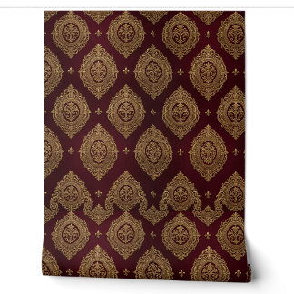 Papier Peint Luxueux en Damas Bourgogne et Or