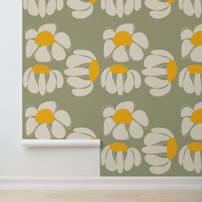 Papier Peint Main Tirée Dasies Rétro Gros Vert Floral (Application)