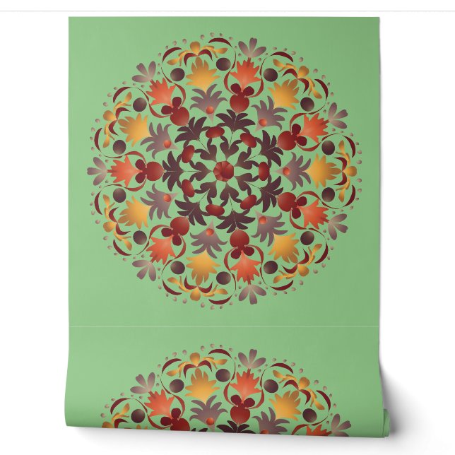 Papier Peint Mandala Rouge Jaune Orange Vert Brown (Déroulement)