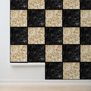 Papier Peint Marbre noir blanc ivoire or damier