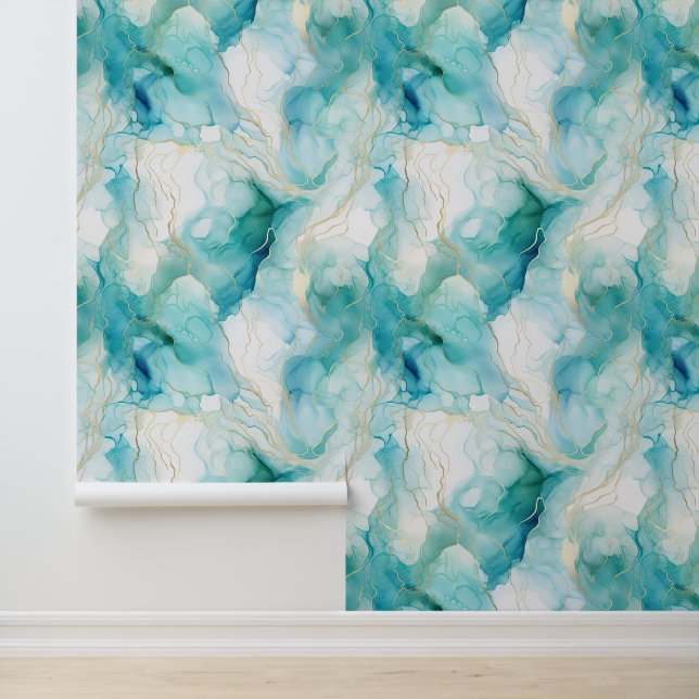 Papier Peint Marbre turquoise Aqua White Gold (Application)