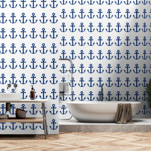 Papier Peint Marine Bleu & Blanc Ancres Motif Nautique