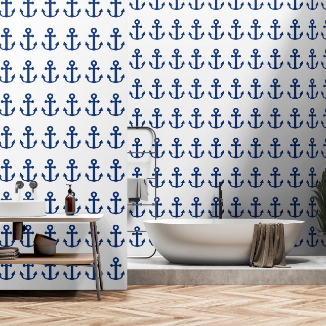 Papier Peint Marine Bleu & Blanc Ancres Motif Nautique (Salle de bain)