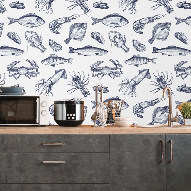 Papier Peint Marine Blue Motif de fruits de mer Cuisine Peel &  (Navy Blue Seafood Pattern Kitchen Peel & Stick Wallpaper
)
