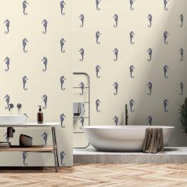 Papier Peint Marine Vintage moderne Bleu Seahorse sur crème Bei