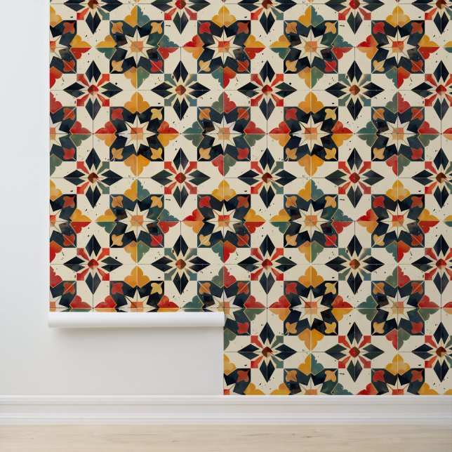 Papier Peint Marocain Zellij Rouge Jaune et Vert (Application)