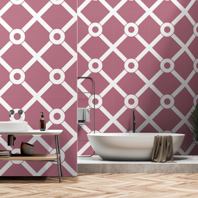 Papier Peint Mauve rose et blanc treillis moderne (Salle de bain)