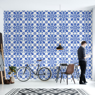 Papier Peint Médaillon central rond en carreau bleu portugais