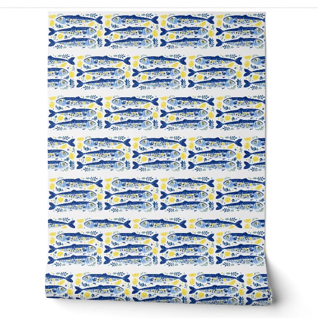 Papier Peint Mediterranean Summer Blue and Yellow Sardines (Déroulement)