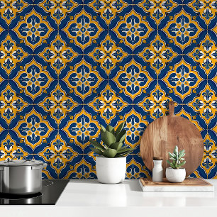 Papier Peint Méditerranée dorée : Carreaux azulejo bleu et jaun