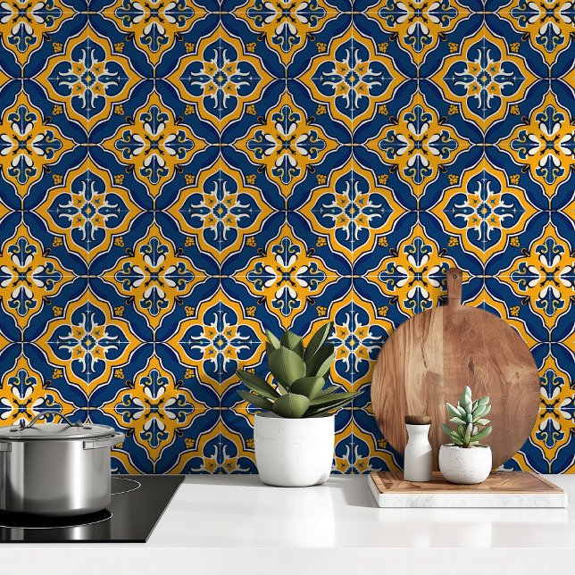 Papier Peint Méditerranée dorée : Carreaux azulejo bleu et jaun (Créateur téléchargé)