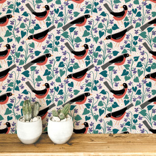 Papier Peint Merle américain Anémone violette Oiseau Fleur
