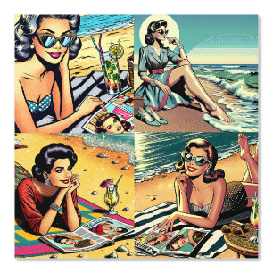 Papier Peint Mi-siècle 1950 Rétro Ladies at the Beach