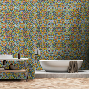 Papier Peint Mi-siècle Marocain bleu peigne et bâton