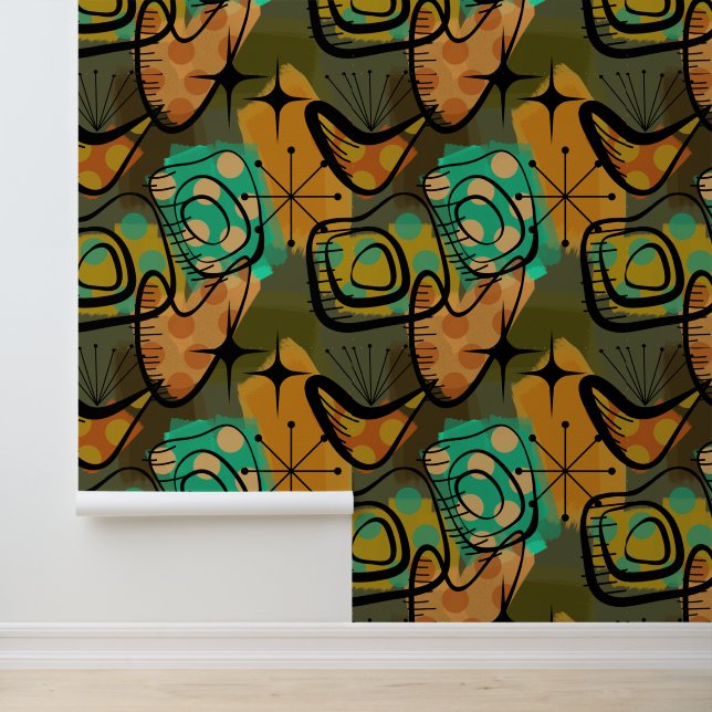 Papier Peint Mid Century Modern Aqua and Gold Vibes  (Application)