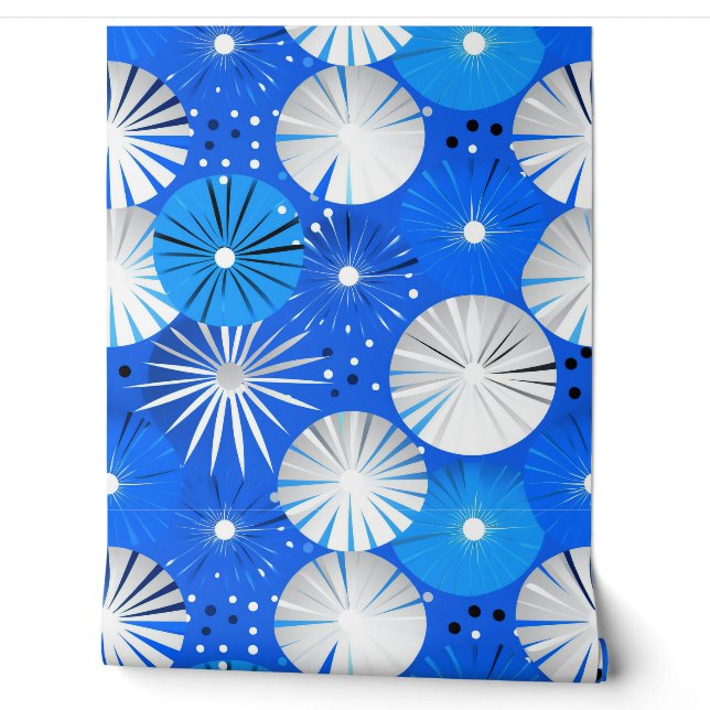 Papier Peint Mid Century Moderne Starburbs Bleu et blanc (Déroulement)